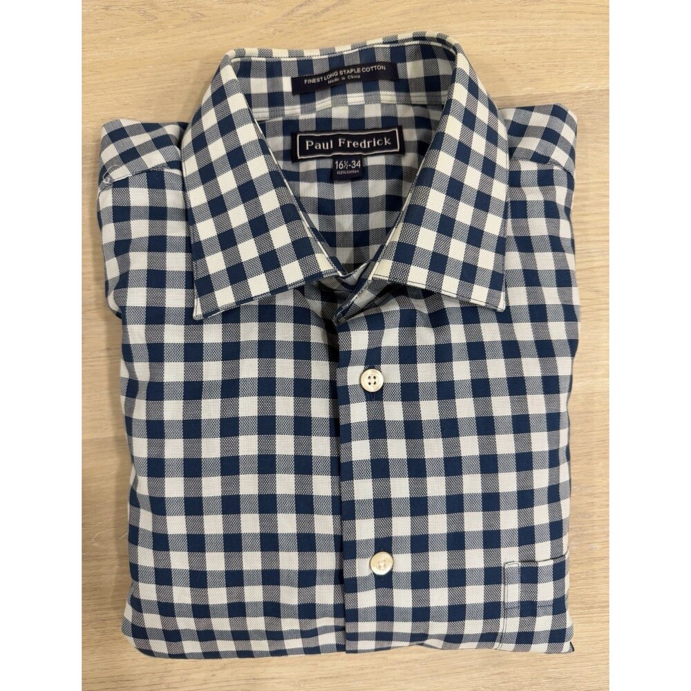 Paul Fredrick Blue/White Check 100% Cotton Dress Shirt 16.5 34 Pockets Preppy